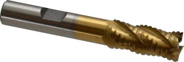 Interstate - 7/16" Diam, 1" LOC, 4 Flute Cobalt Roughing & Finishing Square End Mill - TiN Finish, 2-11/16" OAL, 3/8" Shank Diam, Weldon Shank, 30° Helix, Non-Centercutting - USA Tool & Supply