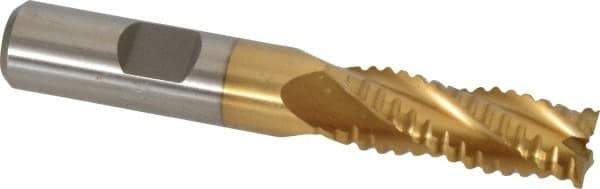 Interstate - 15/32" Diam, 1-1/4" LOC, 4 Flute Cobalt Roughing & Finishing Square End Mill - TiN Finish, 3-1/4" OAL, 1/2" Shank Diam, Weldon Shank, 30° Helix, Non-Centercutting - USA Tool & Supply