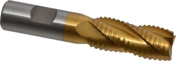 Interstate - 13/16" Diam, 1-7/8" LOC, 4 Flute Cobalt Roughing & Finishing Square End Mill - TiN Finish, 4-1/8" OAL, 3/4" Shank Diam, Weldon Shank, 30° Helix, Non-Centercutting - USA Tool & Supply