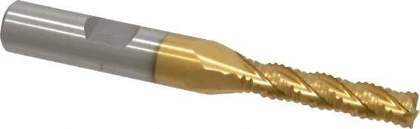 Interstate - 1/4" Diam, Coarse Pitch, 1-1/8" LOC, 4 Flute Cobalt Roughing Square End Mill - TiN Finish, 2-15/16" OAL, 3/8" Shank Diam, Single End, Centercutting - USA Tool & Supply