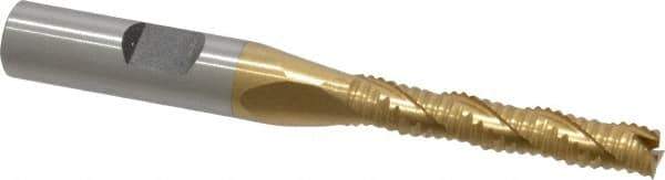 Interstate - 1/4" Diam, Coarse Pitch, 1-3/8" LOC, 3 Flute Cobalt Roughing Square End Mill - TiN Finish, 3-1/8" OAL, 3/8" Shank Diam, Single End, Centercutting - USA Tool & Supply