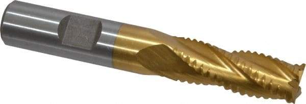 Interstate - 15/32" Diam, Coarse Pitch, 1-1/4" LOC, 4 Flute Cobalt Roughing Square End Mill - TiN Finish, 3-1/4" OAL, 1/2" Shank Diam, Single End, Centercutting - USA Tool & Supply