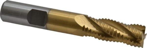 Interstate - 1/2" Diam, Coarse Pitch, 1-1/4" LOC, 4 Flute Cobalt Roughing Square End Mill - TiN Finish, 3-1/4" OAL, 1/2" Shank Diam, Single End, Centercutting - USA Tool & Supply