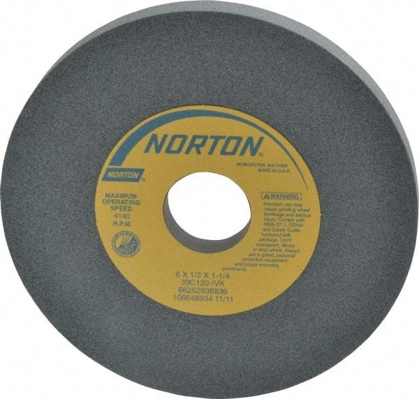 Norton - 6" Diam x 1-1/4" Hole x 1/2" Thick, I Hardness, 120 Grit Surface Grinding Wheel - Silicon Carbide, Type 1, Fine Grade, 4,140 Max RPM, Vitrified Bond, No Recess - USA Tool & Supply