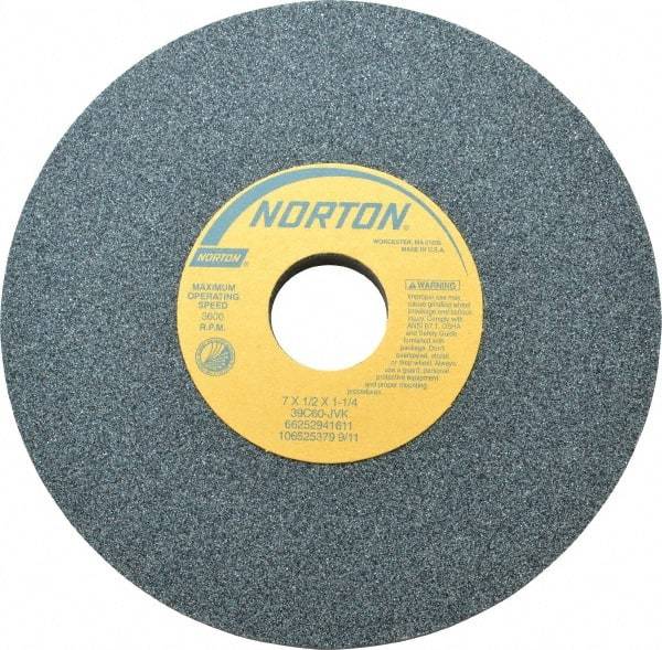 Norton - 7" Diam x 1-1/4" Hole x 1/2" Thick, J Hardness, 60 Grit Surface Grinding Wheel - Silicon Carbide, Type 1, Medium Grade, 3,600 Max RPM, Vitrified Bond, No Recess - USA Tool & Supply