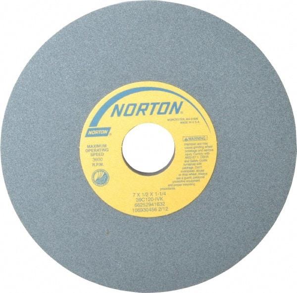 Norton - 7" Diam x 1-1/4" Hole x 1/2" Thick, I Hardness, 120 Grit Surface Grinding Wheel - Silicon Carbide, Type 1, Fine Grade, 3,600 Max RPM, Vitrified Bond, No Recess - USA Tool & Supply