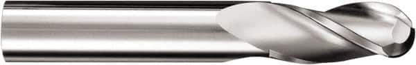 SGS - 3/8" Diam, 1/2" LOC, 3 Flute Solid Carbide Ball End Mill - TiB2 Finish, Single End, 4" OAL, 3/8" Shank Diam, Spiral Flute - USA Tool & Supply