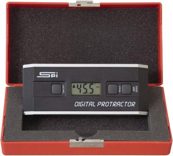 SPI - 360° Measuring Range, Dial Protractor - Accuracy Up to 0.10 at 0 -10 and 0.10 at 80 to 90°, 1.5V Battery Included - USA Tool & Supply