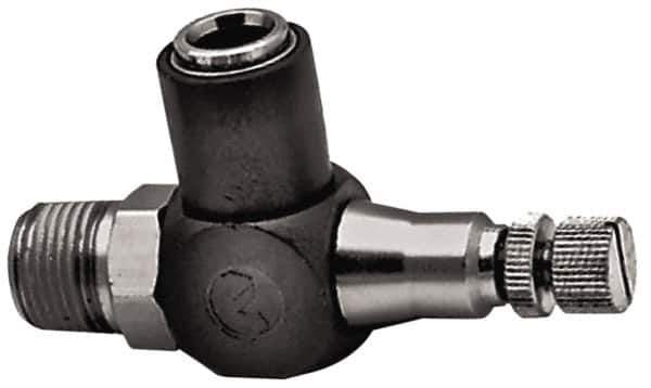 Norgren - 1/2" Tube Inlet x 1/2" NPTF Outlet Right Angle Adjustable Flow Control Valve - 5 to 150 psi, Needle Valve & Thermoplastic Material - USA Tool & Supply