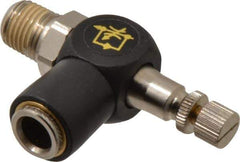 Norgren - 3/8" Tube Inlet x 1/4" NPTF Outlet Right Angle Adjustable Flow Control Valve - 5 to 150 psi, Needle Valve & Thermoplastic Material - USA Tool & Supply
