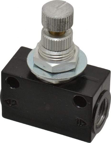 Norgren - 1/8" NPT Inlet x 1/8" NPT Outlet In-Line Flow Control Valve - 15 to 145 psi, Needle Valve & Aluminum Material - USA Tool & Supply