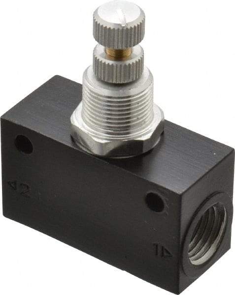 Norgren - 1/4" NPT Inlet x 1/4" NPT Outlet In-Line Flow Control Valve - 15 to 145 psi, Needle Valve & Aluminum Material - USA Tool & Supply