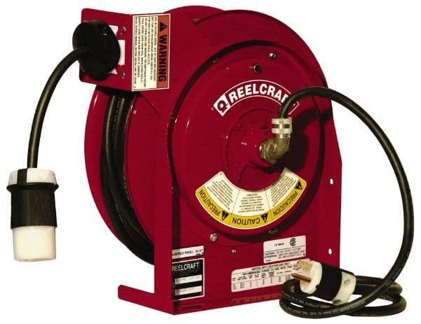 Reelcraft - 12 AWG, 45' Cable Length, Cord & Cable Reel with Outlet End - 1 Outlet, NEMA 5-20R, 20 Amps, 125 Volts, SJEOOW Cable, Red Reel - USA Tool & Supply