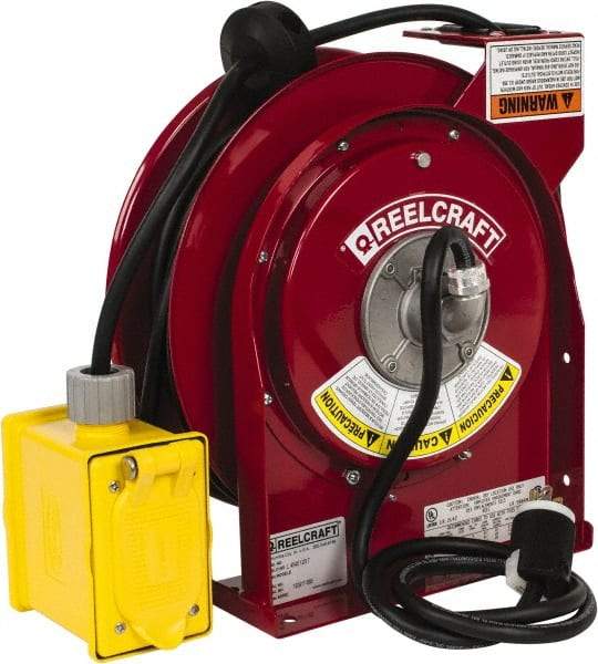 Reelcraft - 12 AWG, 45' Cable Length, Cord & Cable Reel with Duplex GFCI Outlet Box End - 2 Outlets, NEMA 5-20R, 20 Amps, 125 Volts, SJEOOW Cable, Red Reel - USA Tool & Supply