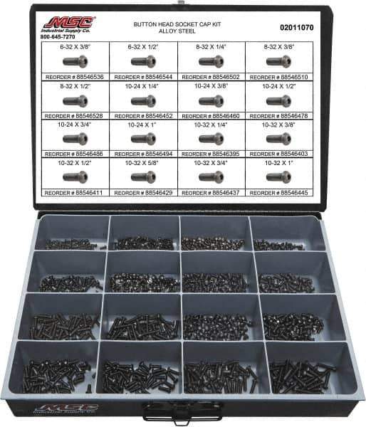 Value Collection - 1,100 Piece Steel Socket Head Cap Screws - #6 to #10 Thread - USA Tool & Supply