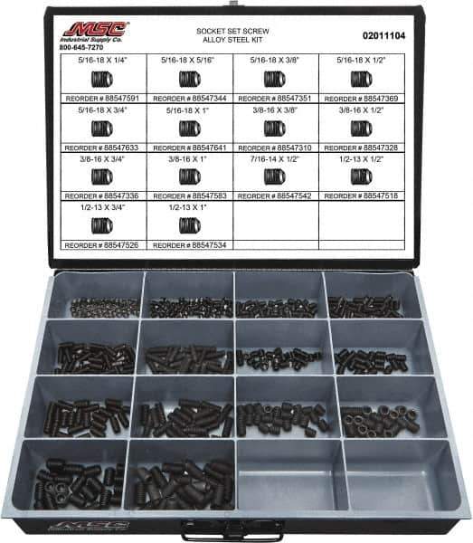 Value Collection - 500 Piece, 5/16 to 1/2, Steel Set Screw Assortment - Socket Cap Head, Hex Socket Drive, 1 to 3/4" Long - USA Tool & Supply
