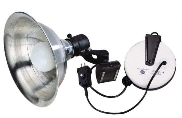 Made in USA - 18 AWG, 20' Cable Length, Cord & Cable Reel with Incandescent Hand Lamp End - 0 Outlets, 15 Amps, 110/115 Volts, SJT Cable, White/Black Reel - USA Tool & Supply