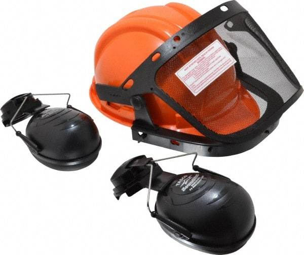 Tasco - Acrylonitrile Butadiene Styrene (ABS) Orange Ratchet Adjustment, Hard Hat & Mesh Screen Set with Muffs - 15-1/2" Wide x 6" High, Uncoated, Smoke Window - USA Tool & Supply