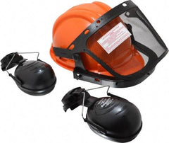 Tasco - Acrylonitrile Butadiene Styrene (ABS) Orange Ratchet Adjustment, Hard Hat & Mesh Screen Set with Muffs - 15-1/2" Wide x 6" High, Uncoated, Smoke Window - USA Tool & Supply