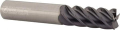 Made in USA - 1/2", 1-1/4" LOC, 1/2" Shank Diam, 3" OAL, 5 Flute, Solid Carbide Square End Mill - Single End, TiAlN Finish, Spiral Flute, 45° Helix, Centercutting, Right Hand Cut, Right Hand Flute - USA Tool & Supply