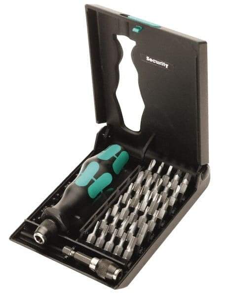 Wera - 32 Piece, 1/4" Drive Screwdriver Tamperproof Bit Set - Tamperproof 2 to 6mm Hex, Tamperproof 7 to 40 Torx, #0, #1, #2 & #3 Square Recess - USA Tool & Supply