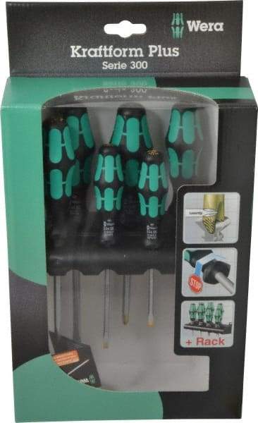 Wera - 6 Piece Phillips & Slotted Screwdriver Set - Hex with Bolster Shank, Kraftform Ergonomic Handle, Bit Sizes: Philips #1 & #2, Tip Thickness: 9/64, 5/32, 7/32 & 1/4 - USA Tool & Supply