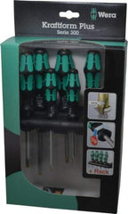 Wera - 6 Piece Pozidriv & Slotted Screwdriver Set - Hex with Bolster Shank, Kraftform Ergonomic Handle, Bit Sizes: Philips #1 & #2, Posidriv Point #1 & #2, Tip Thickness: 9/64, 5/32, 7/32 & 1/4 - USA Tool & Supply