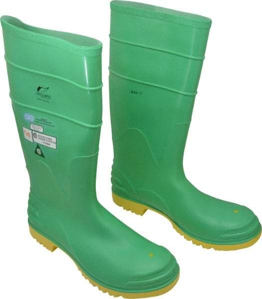 Dunlop Protective Footwear - Men's Size 13 Medium Width Steel Knee Boot - Green, PVC Upper, 16" High, Chemical Resistant, Dielectric, Non-Slip - USA Tool & Supply