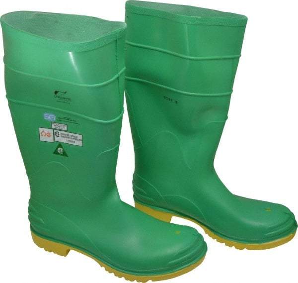 Dunlop Protective Footwear - Men's Size 14 Medium Width Steel Knee Boot - Green, PVC Upper, 16" High, Chemical Resistant, Dielectric, Non-Slip - USA Tool & Supply
