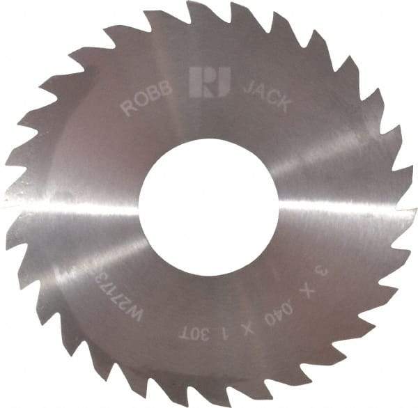 RobbJack - 3" Diam x 0.04" Blade Thickness x 1" Arbor Hole Diam, 30 Tooth Slitting and Slotting Saw - Arbor Connection, Right Hand, Uncoated, Solid Carbide, Concave Ground - USA Tool & Supply