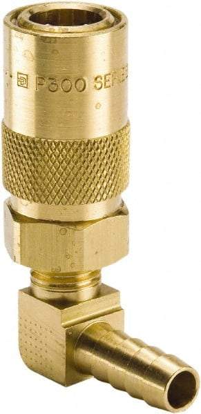 Parker - Nonthreaded Brass Hydraulic Hose Hose Barb Coupler & 90° Fitting - 200 psi, 12 GPM, 1/2" Hose Diam, Series Moldmate - USA Tool & Supply