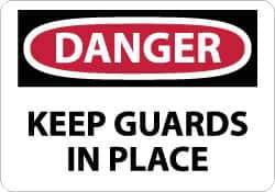 NMC - Accident Prevention Label, Header: DANGER - Legend: Danger - Keep Guards in Place, English, Red, Black & White, 5" Long x 3" High, Sign Muscle Finish - USA Tool & Supply