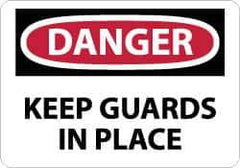 NMC - Accident Prevention Label, Header: DANGER - Legend: Danger - Keep Guards in Place, English, Red, Black & White, 5" Long x 3" High, Sign Muscle Finish - USA Tool & Supply
