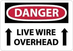 NMC - "Danger - Live Wire Overhead", 10" Long x 14" Wide, Pressure-Sensitive Vinyl Safety Sign - Rectangle, 0.004" Thick, Use for Accident Prevention - USA Tool & Supply