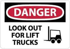 NMC - "Danger - Look Out for Lift Trucks", 10" Long x 14" Wide, Pressure-Sensitive Vinyl Safety Sign - Rectangle, 0.004" Thick, Use for Accident Prevention - USA Tool & Supply