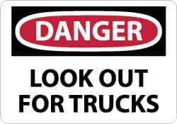 NMC - "Danger - Look Out for Trucks", 10" Long x 14" Wide, Rigid Plastic Safety Sign - Rectangle, 0.05" Thick, Use for Accident Prevention - USA Tool & Supply