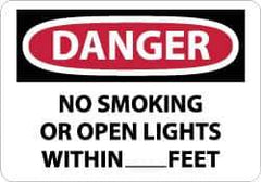 NMC - "Danger - No Smoking or Open Lights Within____feet", 10" Long x 14" Wide, Aluminum Safety Sign - Rectangle, 0.04" Thick, Use for Accident Prevention - USA Tool & Supply