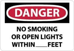NMC - "Danger - No Smoking or Open Lights Within____feet", 10" Long x 14" Wide, Pressure-Sensitive Vinyl Safety Sign - Rectangle, 0.004" Thick, Use for Accident Prevention - USA Tool & Supply