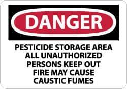 NMC - "Danger - Pesticide Storage Area - All Unauthorized Persons Keep Out - Fire May Cause Caustic Fumes", 10" Long x 14" Wide, Pressure-Sensitive Vinyl Safety Sign - Rectangle, 0.004" Thick, Use for Security & Admittance - USA Tool & Supply