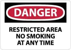 NMC - "Danger - Restricted Area - No Smoking at Any Time", 10" Long x 14" Wide, Aluminum Safety Sign - Rectangle, 0.04" Thick, Use for Accident Prevention - USA Tool & Supply