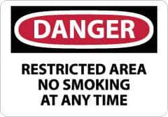 NMC - "Danger - Restricted Area - No Smoking at Any Time", 10" Long x 14" Wide, Aluminum Safety Sign - Rectangle, 0.04" Thick, Use for Accident Prevention - USA Tool & Supply
