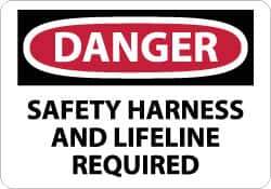 NMC - "Danger - Safety Harness and Lifeline Required", 10" Long x 14" Wide, Pressure-Sensitive Vinyl Safety Sign - Rectangle, 0.004" Thick, Use for Accident Prevention - USA Tool & Supply