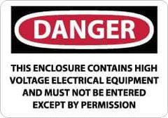 NMC - "Danger - This Enclosure Contains High Voltage Electrical Equipment and Must Not Be Entered Except by Permission", 10" Long x 14" Wide, Rigid Plastic Safety Sign - Rectangle, 0.05" Thick, Use for Accident Prevention - USA Tool & Supply