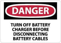 NMC - "Danger - Turn off Battery Charger Before Disconnecting Battery Cables", 10" Long x 14" Wide, Rigid Plastic Safety Sign - Rectangle, 0.05" Thick, Use for Accident Prevention - USA Tool & Supply