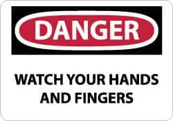 NMC - Accident Prevention Label, Header: DANGER - Legend: Danger - Watch Your Hands and Fingers, English, Red, Black & White, 5" Long x 3" High, Sign Muscle Finish - USA Tool & Supply