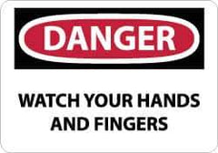 NMC - Accident Prevention Label, Header: DANGER - Legend: Danger - Watch Your Hands and Fingers, English, Red, Black & White, 5" Long x 3" High, Sign Muscle Finish - USA Tool & Supply