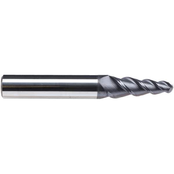 Emuge - 6° Taper Angle per Side, 3.8mm Small End Diam, 19mm LOC, Solid Carbide 3 Flute Tapered Ball End Mill - TiAlN Finish, 62mm OAL, 6mm Shank Diam, Spiral Flute, 45° Helix - USA Tool & Supply