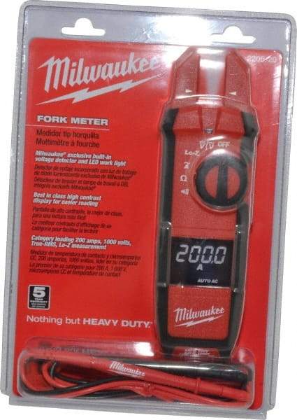 Milwaukee Tool - 2205-20, CAT IV, CAT III, Digital True RMS Clamp Meter with 0.63" Fork Jaws - 1000 VAC/VDC, 200 AC/DC Amps, Measures Voltage, Continuity, Current, Resistance - USA Tool & Supply