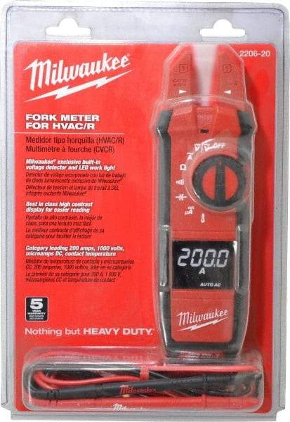 Milwaukee Tool - 2206-20, CAT IV, CAT III, Digital True RMS Clamp Meter with 0.63" Fork Jaws - 1000 VAC/VDC, 200 AC/DC Amps, Measures Voltage, Capacitance, Continuity, Current, Resistance, Temperature - USA Tool & Supply