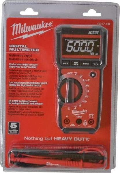 Milwaukee Tool - 2217-20, CAT III, 600 VAC/VDC, Digital True RMS Auto Ranging Multimeter - 40 mOhm, Measures Voltage, Capacitance, Current, Frequency, Resistance, Temperature - USA Tool & Supply